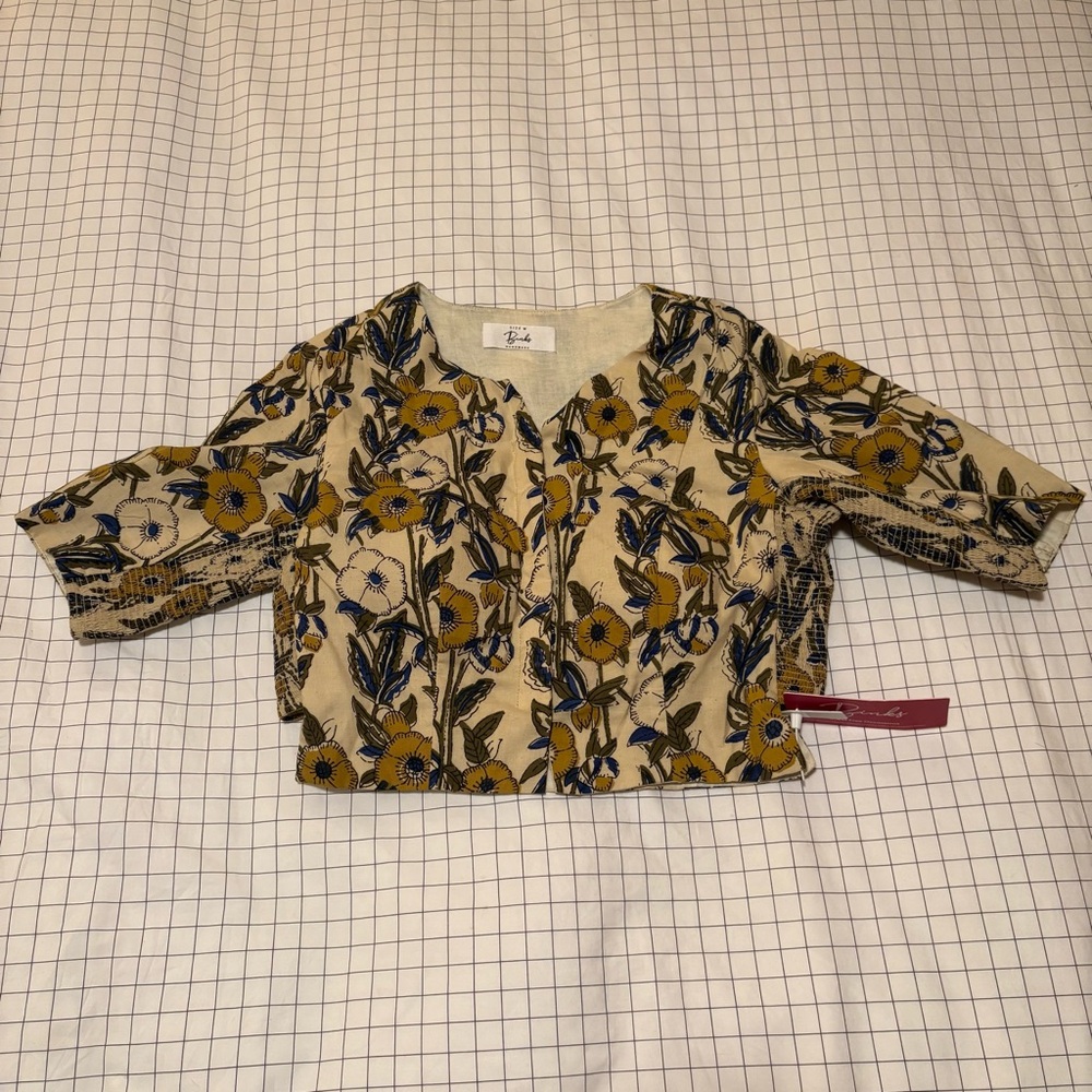 Binks Elbow Sleeve Saree Floral Blouse Cream Meadow Block Print Cotton Medium